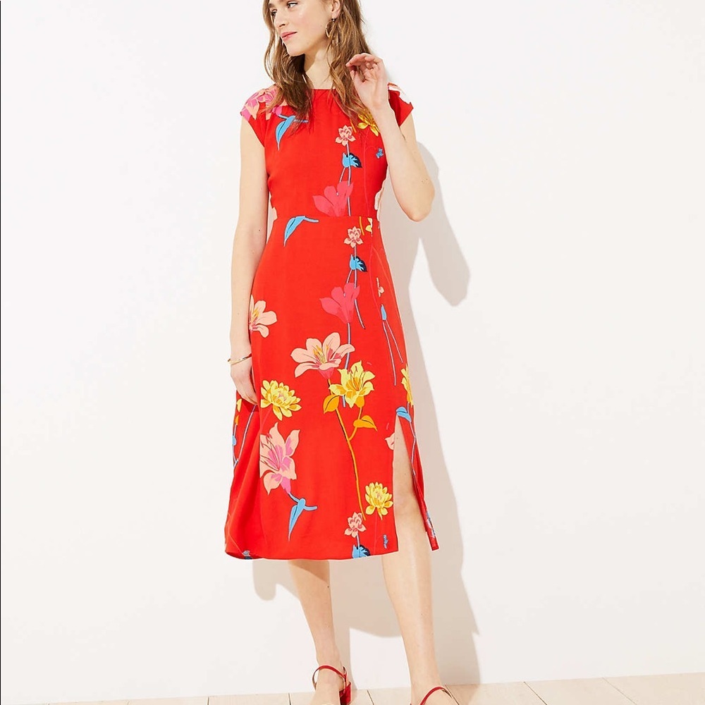Loft Lily Cap Sleeve Midi Dress Floral 4p